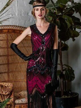 Retro Stage 1920s Vintage V-Neck Sequin and Fringe Embellished Dress Costume